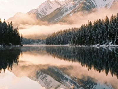 mountains, lake, reflection, winter, snow, trees, forest, nature, clear, sky, scenery, dawn, calm, morning, clouds, fresh, silence, panorama, mountains and lake, sunrise