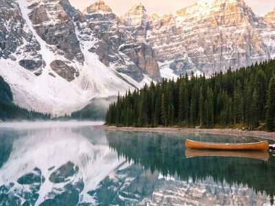 lake, mountains, reflection, canoe, forest, sunset, nature, panorama, calm, scenery, canada, moraine lake, canadian rockies, morning, wilderness, hiking, adventure, clear water, nature reserve, tranquility