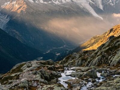 mountains, snow, river, landscape, sunlight, alps, hiking, dawn, rock, solitude, cliff, cool, blue, white peaks, nature, clouds, hillside, peaceful, germany, mountain range, view