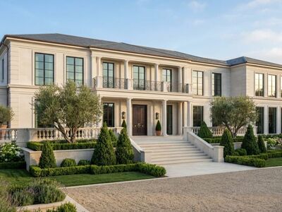 luxury villa, architecture, mansion, suburban, garden, provence style, nature, front yard, large windows, stairs, green, clear sky, elegance, affluent, luxury property, symmetry, splendor, living space, contemporary, two-story, balcony