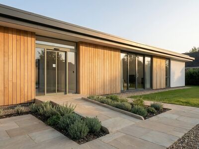 modern bungalow, accessible housing, single-story house, architectural design, eco-friendly architecture, landscaped garden, outdoor patio, sustainable building, home entrance, luxury property, sunny day, modern house architecture, universal design, high angle view, copy space, angled view, garden design, ai in architecture, earth brick usage