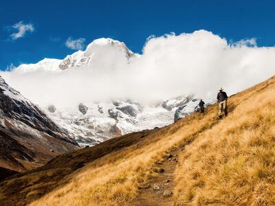 nepal, annapurna, poon hill, himalayas, trekking, snow mountain, golden grass, alpine meadow, sea of clouds, blue sky, adventure, travel, expedition, natural landscape, outdoor, mountain hiking, photography, mountain peak, hiking trails, scenery