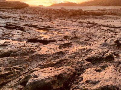 rocky beach, sunset, natural landscape, sky, wave, rock formation, seashore, sandy beach, landscape view, silhouette, golden hour, reflection, calm, nature, shelter, quiet, horizon, natural beauty, atmosphere, peace