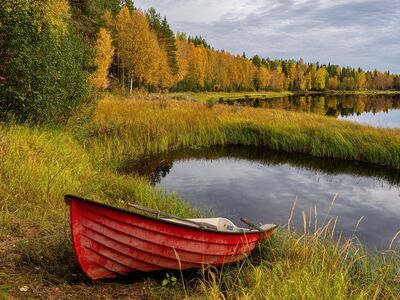 autumn, red boat, lake, forest, autumn leaves, nature, landscape, reflection in water, oar, calm, yellow color, recreation, calm day, clearing, water, grass, sky, golden leaves, mast
