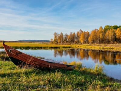 autumn, landscape, nature, forest, lake, boat, reflection, wilderness, grass, trees, peace, autumn colors, relaxation, calm, natural beauty, countryside, panorama, clear sky, sustainability, ecology