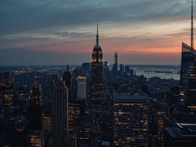 new york, cityscape, manhattan, skyscrapers, evening sky, sunset, nature, city, buildings, urban, night, lighting, panorama, metropolis, tourist attraction, spring evening, city icon, lifestyle, skyline, urban architecture, night panorama