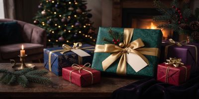 gifts, wrapped, ribbon, christmas, tree, fireplace, candle, branch, pine, pinecone, berries, red, gold, velvet, luxury, cozy, wood, holiday, traditional, nature, decoration