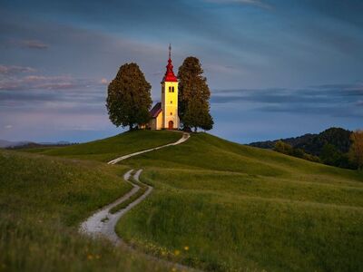 church, slovenia, landscape, sunset, evening, nature, hilly, path, trees, countryside, glowing, hill, scenery, solitary, blue sky, evening light, silhouette, hiking, peaceful, calm