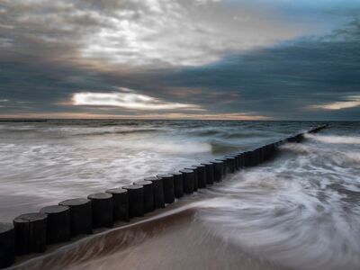 sea, waves, wooden groynes, nature, tide, sky, clouds, cold colors, stormy weather, natural scenery, damp weather, coast, dramatic clouds, north sea, water, sandy beach, breakwater, at sunset, misty atmosphere, water evidence