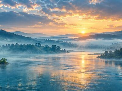 river, sunset, mountains, mist, forest, nature, panorama, dawn, soothing, calm, serenity, scenic, peace, water surface, reflection, sky, light, west, clouds, natural beauty, quiet