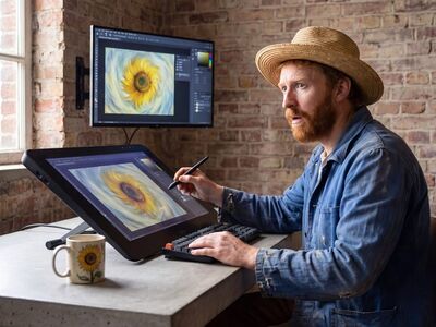 artist, digital drawing, tablet, monitor, sunflower, bricks, brick wall, coffee, mug, sun hat, painter, yellow color, decoration, work, coffee cup, design, rustic style, countryside, studio, technology, art studio