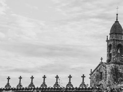 church, cemetery, cross, architecture, tower, clouds, roof, steeple, medieval, stone, historical, gothic, landscape, gray, countryside, slate, symbol, rural, ancient