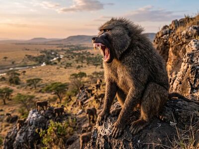 baboon, dramatic, aggressive, savannah, cliff, canine, gelada, african, landscape, monkey, sunset, menacing, rocks, pose, wilderness, peak, troop, dominant, nature, large fangs, wild