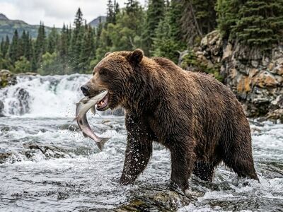 bear, grizzly, river, salmon, fishing, waterfall, current, water, wilderness, hunting, paw, jaw, alaska, power, claw, nature, splash, standing, bear fur