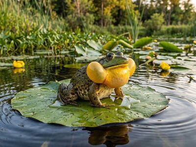 frog, vocal sac, pond, lily pad, summer, aquatic plant, edge of pond, green, nature, biotope, bullfrog, marsh, wet, wide view, reeds, water surface, in, amidst, frog croak, environment
