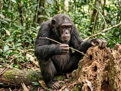 chimpanzee, tool, termites, forest, primate, intelligence, behavior, feeding, stick, log, green plants, leaves, nature, chimpanzee intelligence, ecosystem, native habitat, chimpanzee tool, tool use, forest environment