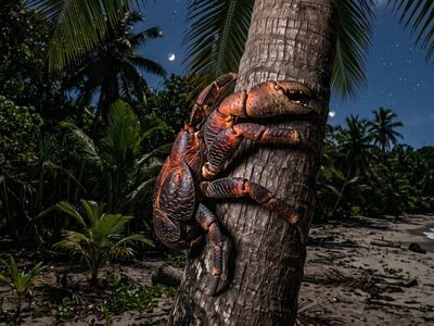 crab, coconut crab, giant, tree, palm tree, island, tropical, beach, pincers, dangerous, shell, moon, nocturnal, forest, night sky, sea, nature, wild, sky, tourism, natural history