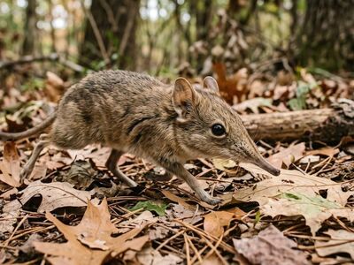 elephant shrew, dry forest, leaves on ground, sniffing, ants, snout, movement, nature, animal, mammal, fast, tiny, twitching, foraging, insectivore, environment, wild animal, fauna, narrow path