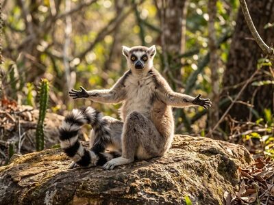 lemur, ring-tailed lemur, striped tail, madagascar, island, tree, primate, sunbathing, arms wide, cute, eyes, jungle, forest, wilderness, animal, territorial defense, wildlife, nature, posing, exotic