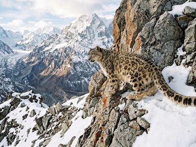 snow leopard, mountains, cliffs, rocks, snow, winter, camouflage, himalaya, predator, thick fur, wilderness, landscape, survival, nature, distance, carnivorous, sky, views, cold
