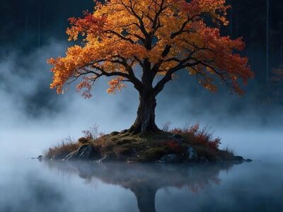 tree, mist, lake, nature, reflection, autumn, island, forest, tranquility, colors, calm, isolation, morning, calm water, center, mirror, peaceful, solitary, foggy, serene