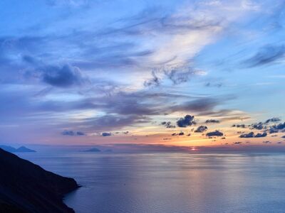 sea, coast, sunset, clouds, calm, mediterranean sea, silhouette, evening, horizon, nature, blue sky, cliff, reflection, tourism, relaxing, scenery, beautiful, clear, peace, summer