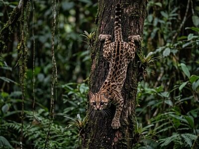 margay, cat, nature, climbing, tree, jungle, spots, pet, eyes, nocturnal, animal, ankle, vertical