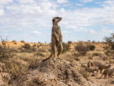 meerkat, desert, nature, sentry, kalahari, stand, colony, warning, guard, posture, mammal, animal group, rock formation, bush, day time, watch post, arid, look, ecosystem, open landscape