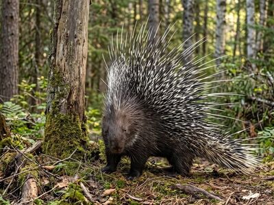 porcupine, quills, defense, sharp, forest, protection, mammal, rodent, tree, barbed, nature, danger, wilderness, natural habitat, warning, biology, pointy, ecosystem, dense, thorn