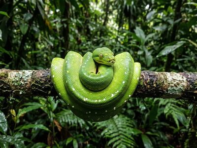 snake, green tree python, reptile, rainforest, jungle, nature, camouflage, scales, coiled, branch, tail, green, tree, wild, ecology, environment, bark, lizard, tropical, eyes, color