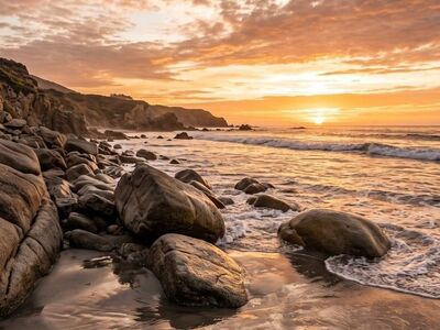 beach, sunset, nature, clouds, tide, mountains, natural landscape, rocky beach, summer evening, tranquility, waves, evening sky, reflection, zen, dawn, beautiful view, sand, peaceful atmosphere, tourism, sunrise, soft light