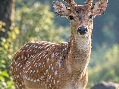 deer, animal, nature, forest, antlers, green, natural, wild, mammal, juvenile, grazing animal, summer, blurred background, lush vegetation, graceful, beautiful, daylight, animal kingdom, hoofed, curious, feeding