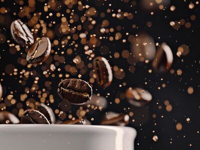 coffee, coffee beans, hot beverage, brewing, café, aroma, energizing, caffeine, black, falling, bubbles, dark background, texture, circles, fantasy, creative, grind, flavor, fresh, poetry