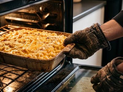 macaroni and cheese, food, cheese, dinner, baked, oven, cooking, creamy, delicious, warm, fresh, appetizing, pasta, lunch, comfort food, cheese sauce, american, gloves, hot, cook