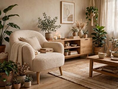 interior, boho, cozy, living room, plants, natural, wood, rug, light, comfortable, nature, decor, cushion, armchair, minimalist, pleasant, decorative, books, candles, ceramics