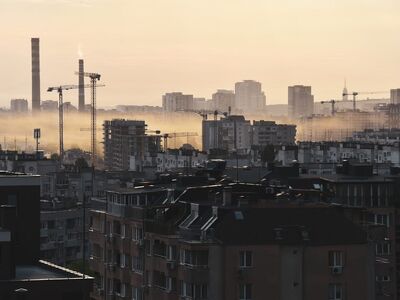 city, sky, buildings, crane, apartments, urbanism, smog, pollution, industry, smoke, construction, work, concrete, morning, dawn, fog, environment, metropolis, industrialization