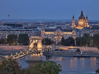 budapest, chain bridge, st, stephen's basilica, danube, evening panorama, night lighting, city architecture, cathedral, hot air balloon, river, tourist attraction, historic building, romantic scenery, capital city, blue hour, europe, architectural style, unesco heritage, central europe, monument photography