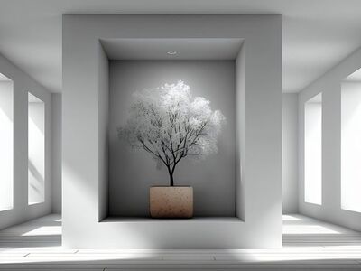 minimalism, architecture, tree, window, interior, bright, design, modern, clean, lighting, perspective, view, gardening, asymmetry, nature, plant, gallery, decoration, formal, empty, shadow