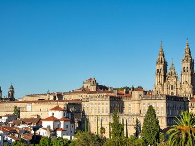 panorama, santiago de compostela, cathedral, architecture, camino de santiago, pilgrims, sky, blue, religion, europe, history, unesco, monument, fortress, historic building, tower, gothic, heritage, christian, trekking