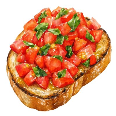 bruschetta, tomato, basil, toasted bread, italian cuisine, appetizer, natural, fresh, watercolor, cooking, breakfast dish, herb, summer dish, vegetarian, garnish, homemade food, food image, snack, artwork