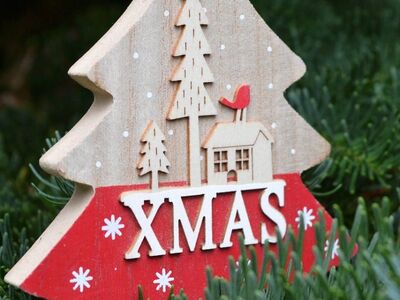 wood decoration, christmas tree, christmas greeting, advent season, christmas time, christmas decoration, fir branches, winter season, red color, holiday, winter holiday, snowflakes, template, christmas card, ornament, seasonal decoration, traditional, pine branches, host house, miniature landscape, xmas lettering
