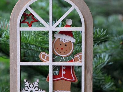 christmas decoration, christmas motif, wooden decoration, gingerbread man, pine branches, snowflake, red decoration, transparent window, winter decoration, green twigs, cartoon design, christmas greeting, traditional decorations, hanging decoration, advent, wood and needles, handmade ornament, christmas season