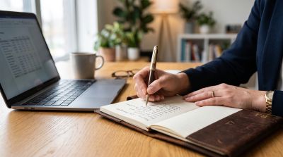 writing, notebook, laptop, working from home, office, notes, aisle, desk, notepad, office work, writing tools, wooden table, displayed, focused, personal development, concentration, time management, person profession, diary notes, handwriting