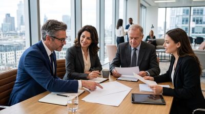 business meeting, teamwork, office, formal attire, meeting, conference, documents, collaboration, team discussion, modern office, corporate environment, brainstorming, sitting at table, coworkers, discussion, business, analysis, negotiation, leadership, strategic planning