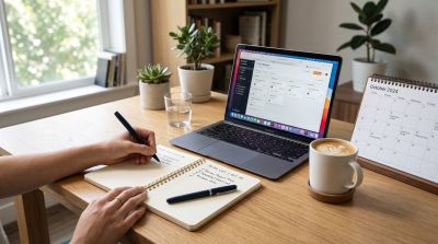 computer, notebook, desk, work environment, coffee, writing, workspace, electronics, calendar, plant, home office, modern design, office supplies, technology, productivity, minimalist, remote work, office space, nature, personal planning
