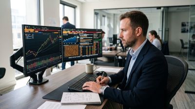 man, computer, trading, statistics, monitor, chart, stock exchange, investment, office, business, man in suit, modern office, statistic display, workstation, employee, analysis, business meeting, desk, professional career, notepad