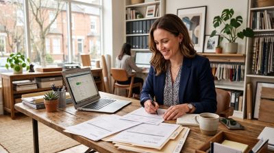 business, office, nature, woman, smiling, computer, business report, paperwork, interior, friendly, professionalism, home office, folders, plants, architecture, customer service, open office, working from home, modern, motivation