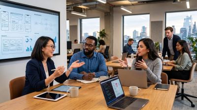 office environment, discussion, collaboration, presentation, business, technology, ties, work environment, people, conference, colleagues, modern office, laptops, screen, caucasian, african american, asian women, office desk, modern technology, productivity