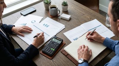 office, documents, calculator, meeting, business, desk, notepad, writing, spreadsheet, coffee, man, woman, office work, strategy, overview, analysis, finance, chart, collaboration, business meeting