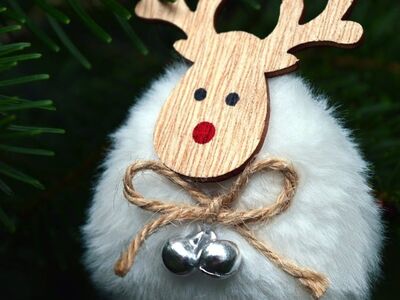 christmas decoration, wooden reindeer, red nose, christmas background, pine branches, christmas greeting, advent, creative craft, creative project, personalized gift, festive season, wood ornament, home decor, handmade, cotton ball, rope twine, going home, shining things, green branch, seasonal costume, christmas card